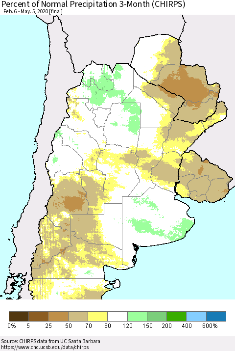Southern South America Percent of Normal Precipitation 3-Month (CHIRPS) Thematic Map For 2/6/2020 - 5/5/2020