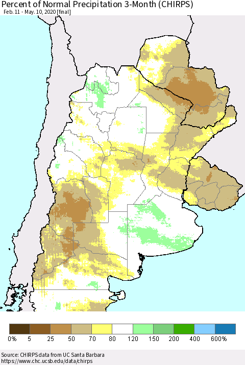 Southern South America Percent of Normal Precipitation 3-Month (CHIRPS) Thematic Map For 2/11/2020 - 5/10/2020