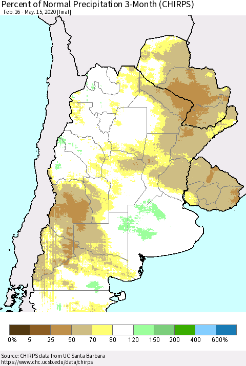Southern South America Percent of Normal Precipitation 3-Month (CHIRPS) Thematic Map For 2/16/2020 - 5/15/2020