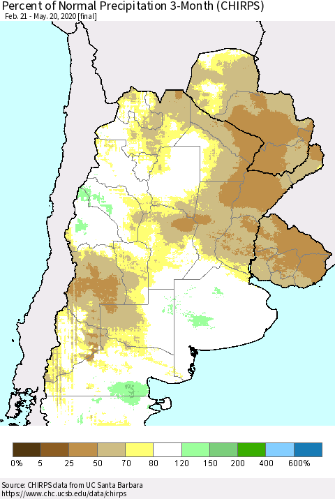 Southern South America Percent of Normal Precipitation 3-Month (CHIRPS) Thematic Map For 2/21/2020 - 5/20/2020
