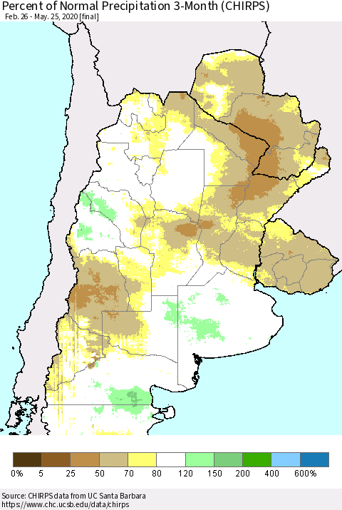 Southern South America Percent of Normal Precipitation 3-Month (CHIRPS) Thematic Map For 2/26/2020 - 5/25/2020