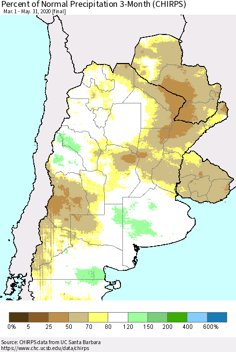 Southern South America Percent of Normal Precipitation 3-Month (CHIRPS) Thematic Map For 3/1/2020 - 5/31/2020