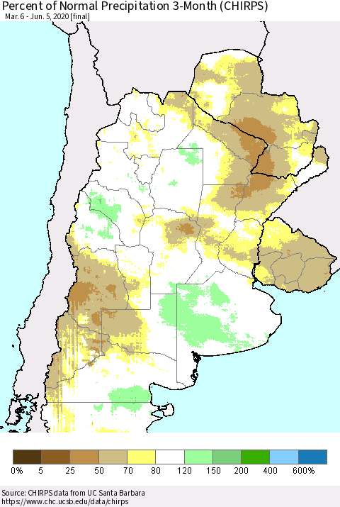Southern South America Percent of Normal Precipitation 3-Month (CHIRPS) Thematic Map For 3/6/2020 - 6/5/2020