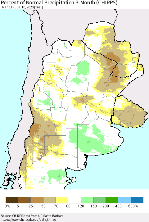 Southern South America Percent of Normal Precipitation 3-Month (CHIRPS) Thematic Map For 3/11/2020 - 6/10/2020