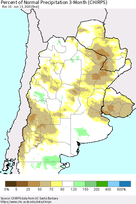 Southern South America Percent of Normal Precipitation 3-Month (CHIRPS) Thematic Map For 3/16/2020 - 6/15/2020