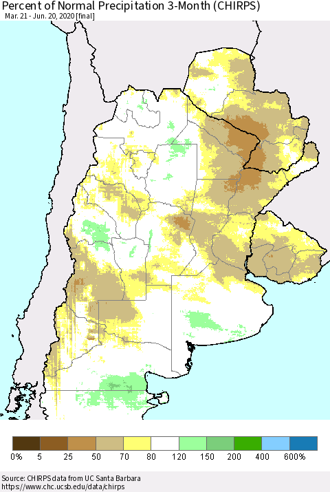 Southern South America Percent of Normal Precipitation 3-Month (CHIRPS) Thematic Map For 3/21/2020 - 6/20/2020