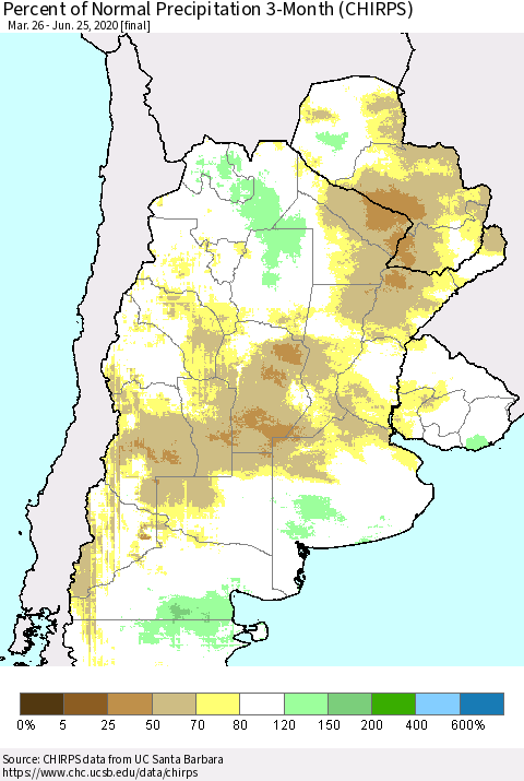 Southern South America Percent of Normal Precipitation 3-Month (CHIRPS) Thematic Map For 3/26/2020 - 6/25/2020