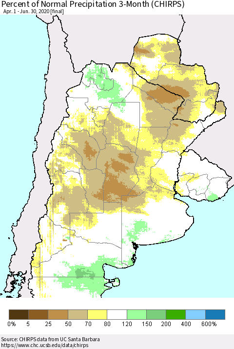 Southern South America Percent of Normal Precipitation 3-Month (CHIRPS) Thematic Map For 4/1/2020 - 6/30/2020