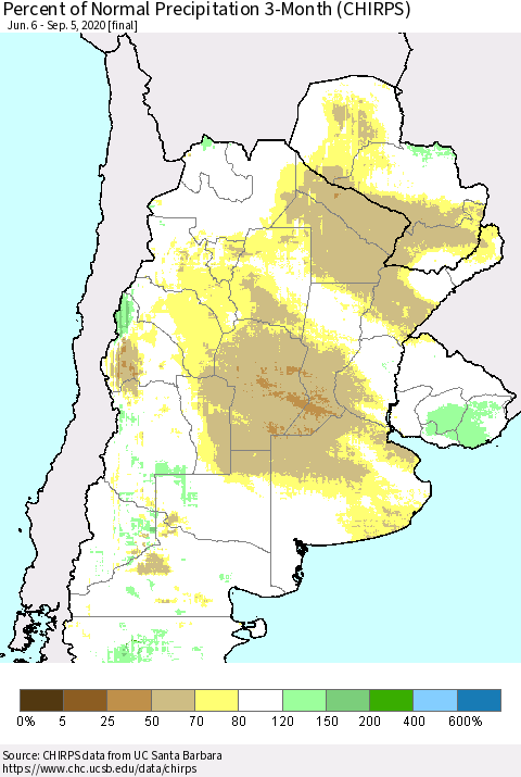 Southern South America Percent of Normal Precipitation 3-Month (CHIRPS) Thematic Map For 6/6/2020 - 9/5/2020