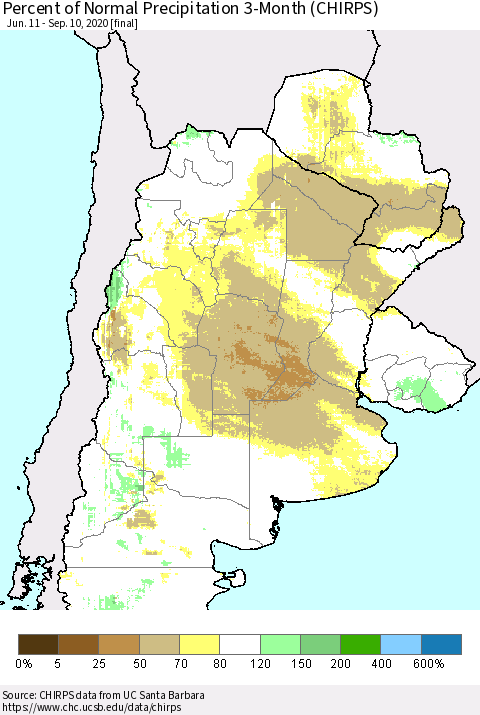 Southern South America Percent of Normal Precipitation 3-Month (CHIRPS) Thematic Map For 6/11/2020 - 9/10/2020