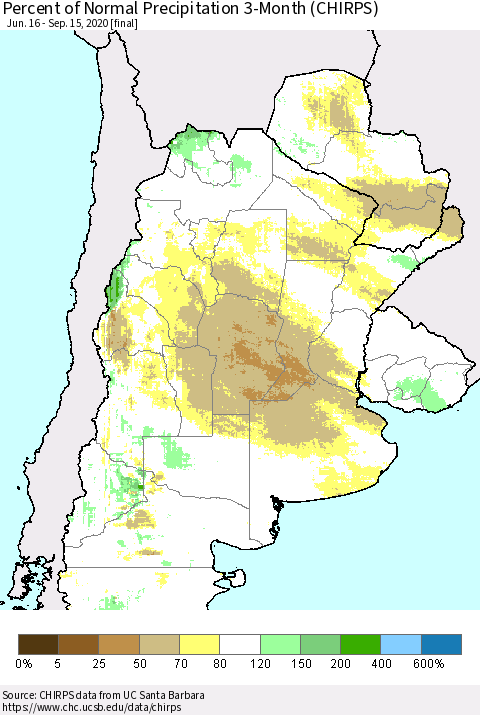 Southern South America Percent of Normal Precipitation 3-Month (CHIRPS) Thematic Map For 6/16/2020 - 9/15/2020