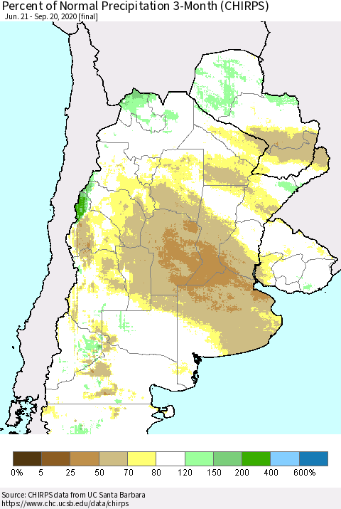 Southern South America Percent of Normal Precipitation 3-Month (CHIRPS) Thematic Map For 6/21/2020 - 9/20/2020