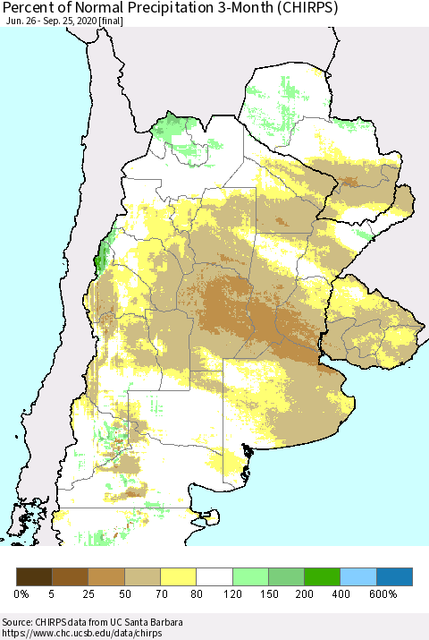 Southern South America Percent of Normal Precipitation 3-Month (CHIRPS) Thematic Map For 6/26/2020 - 9/25/2020
