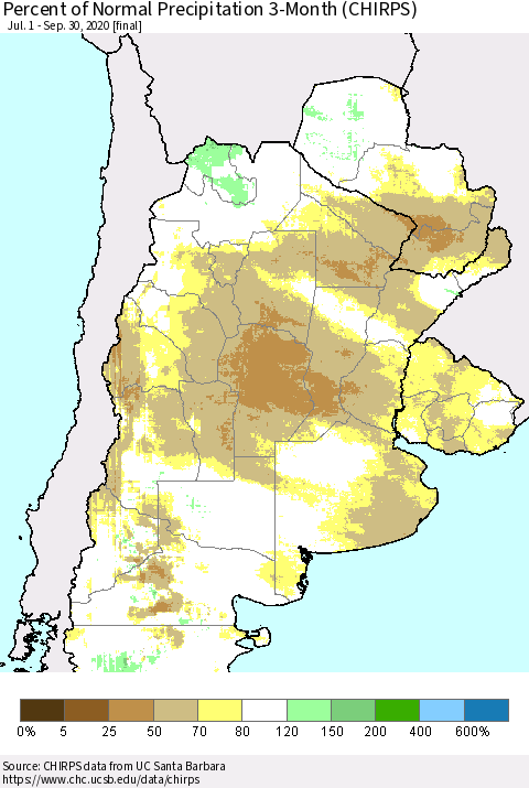 Southern South America Percent of Normal Precipitation 3-Month (CHIRPS) Thematic Map For 7/1/2020 - 9/30/2020
