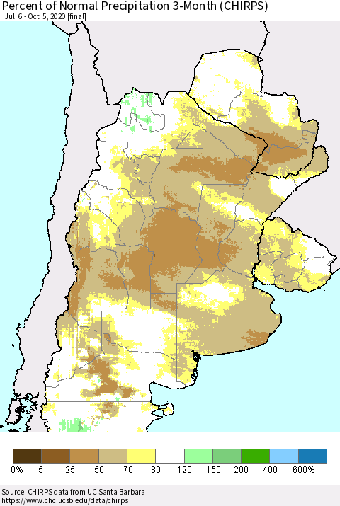 Southern South America Percent of Normal Precipitation 3-Month (CHIRPS) Thematic Map For 7/6/2020 - 10/5/2020