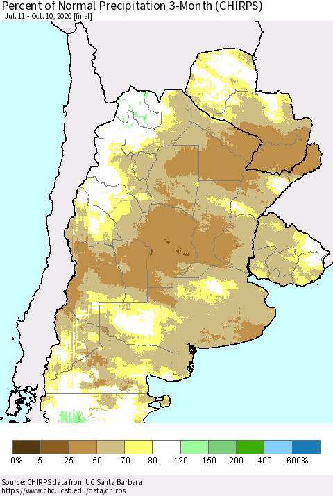 Southern South America Percent of Normal Precipitation 3-Month (CHIRPS) Thematic Map For 7/11/2020 - 10/10/2020
