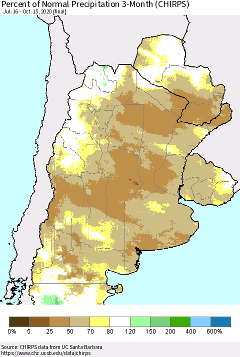 Southern South America Percent of Normal Precipitation 3-Month (CHIRPS) Thematic Map For 7/16/2020 - 10/15/2020