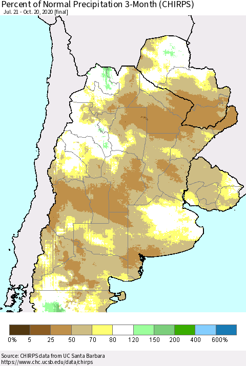 Southern South America Percent of Normal Precipitation 3-Month (CHIRPS) Thematic Map For 7/21/2020 - 10/20/2020