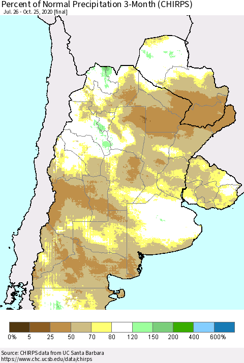 Southern South America Percent of Normal Precipitation 3-Month (CHIRPS) Thematic Map For 7/26/2020 - 10/25/2020