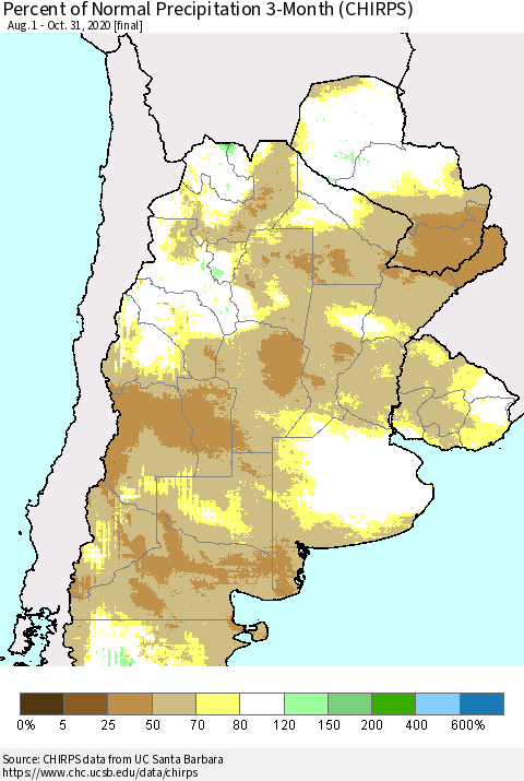 Southern South America Percent of Normal Precipitation 3-Month (CHIRPS) Thematic Map For 8/1/2020 - 10/31/2020