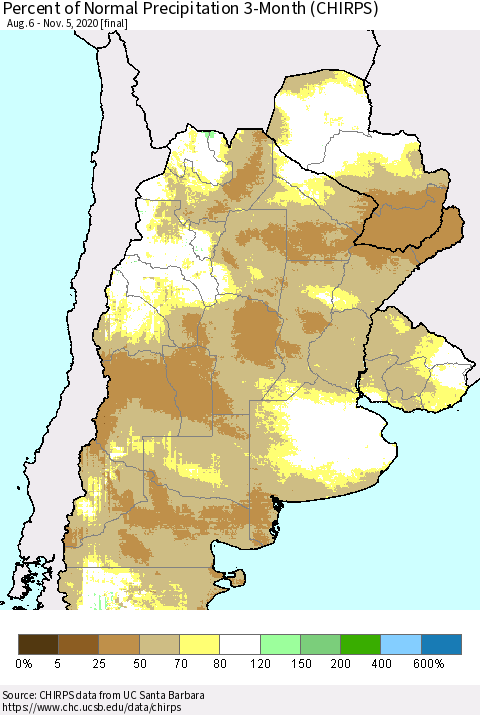 Southern South America Percent of Normal Precipitation 3-Month (CHIRPS) Thematic Map For 8/6/2020 - 11/5/2020