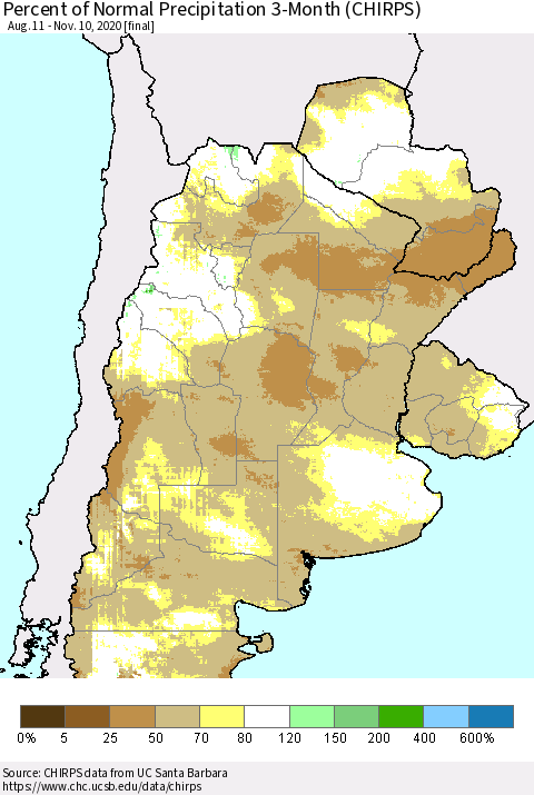 Southern South America Percent of Normal Precipitation 3-Month (CHIRPS) Thematic Map For 8/11/2020 - 11/10/2020