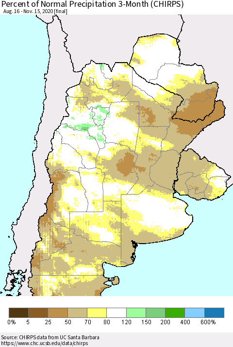 Southern South America Percent of Normal Precipitation 3-Month (CHIRPS) Thematic Map For 8/16/2020 - 11/15/2020