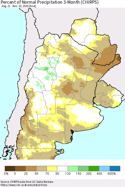 Southern South America Percent of Normal Precipitation 3-Month (CHIRPS) Thematic Map For 8/21/2020 - 11/20/2020