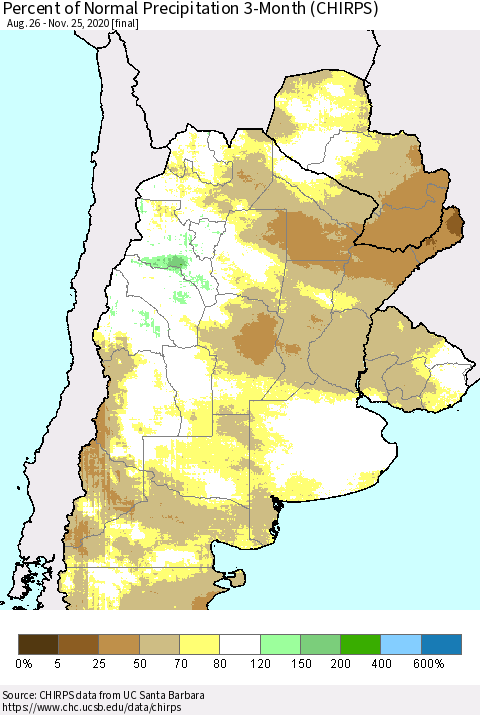 Southern South America Percent of Normal Precipitation 3-Month (CHIRPS) Thematic Map For 8/26/2020 - 11/25/2020