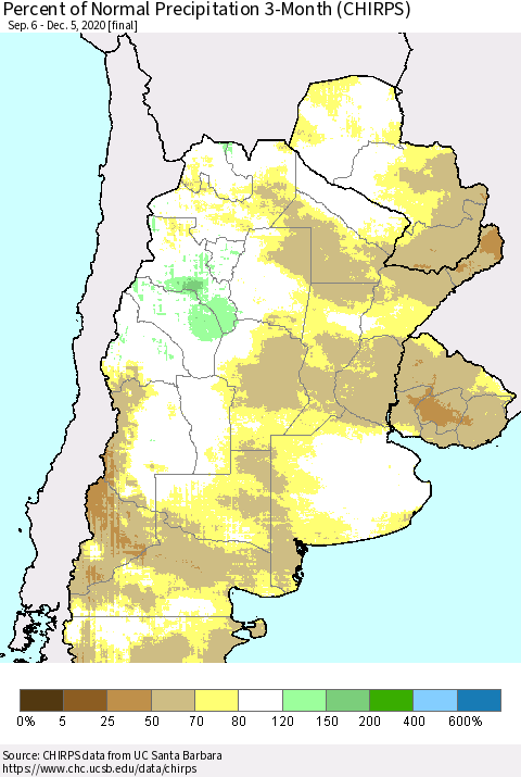 Southern South America Percent of Normal Precipitation 3-Month (CHIRPS) Thematic Map For 9/6/2020 - 12/5/2020