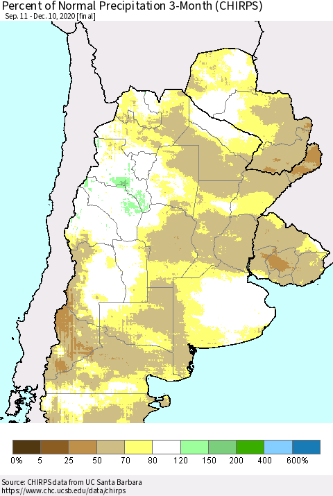 Southern South America Percent of Normal Precipitation 3-Month (CHIRPS) Thematic Map For 9/11/2020 - 12/10/2020