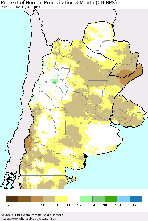 Southern South America Percent of Normal Precipitation 3-Month (CHIRPS) Thematic Map For 9/16/2020 - 12/15/2020