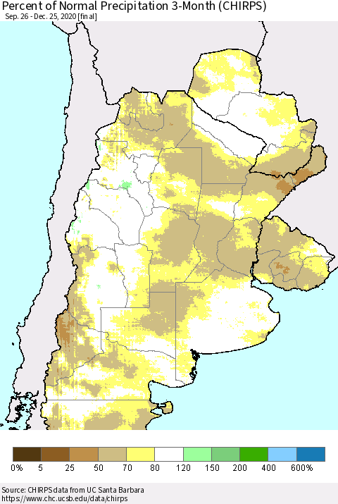 Southern South America Percent of Normal Precipitation 3-Month (CHIRPS) Thematic Map For 9/26/2020 - 12/25/2020