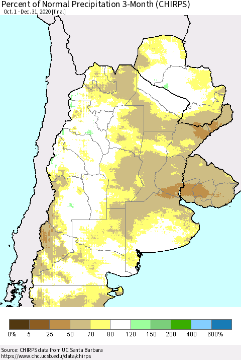 Southern South America Percent of Normal Precipitation 3-Month (CHIRPS) Thematic Map For 10/1/2020 - 12/31/2020