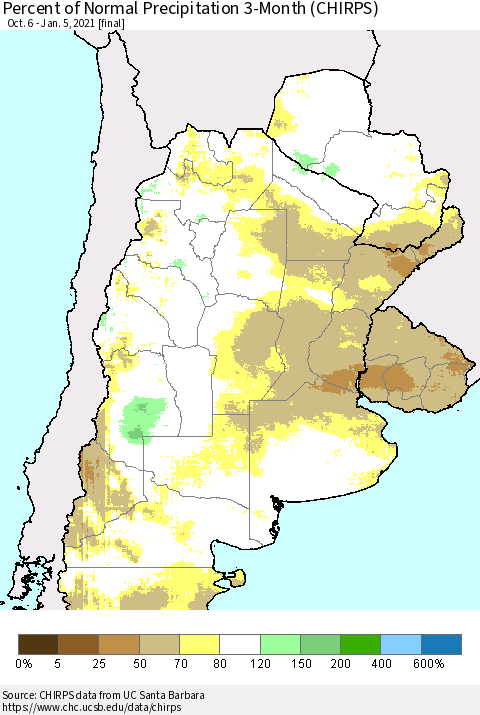 Southern South America Percent of Normal Precipitation 3-Month (CHIRPS) Thematic Map For 10/6/2020 - 1/5/2021