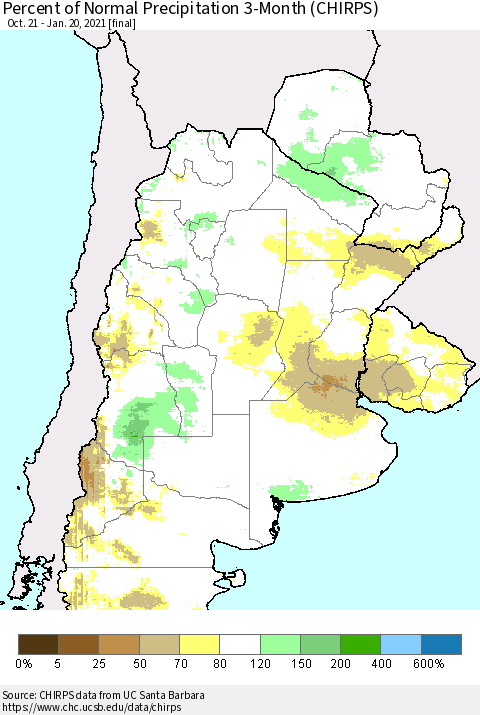 Southern South America Percent of Normal Precipitation 3-Month (CHIRPS) Thematic Map For 10/21/2020 - 1/20/2021