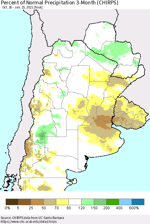 Southern South America Percent of Normal Precipitation 3-Month (CHIRPS) Thematic Map For 10/26/2020 - 1/25/2021