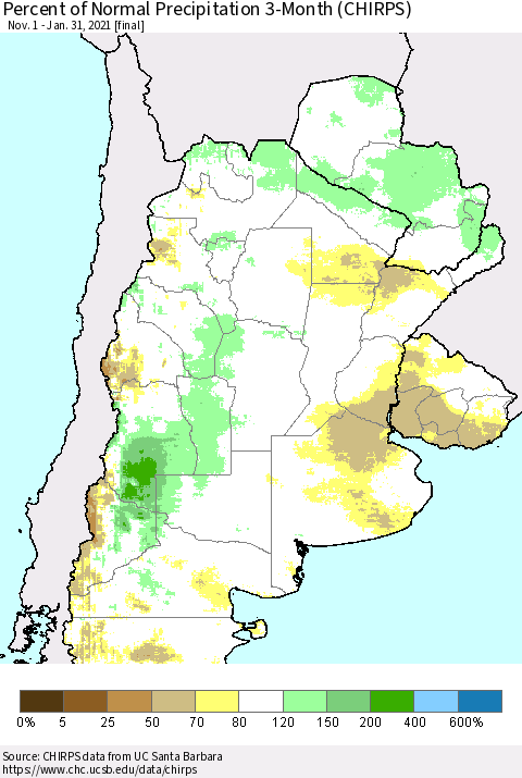 Southern South America Percent of Normal Precipitation 3-Month (CHIRPS) Thematic Map For 11/1/2020 - 1/31/2021