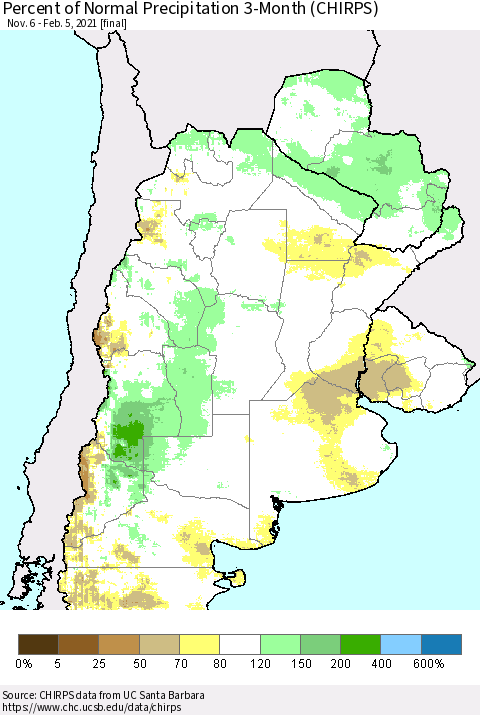 Southern South America Percent of Normal Precipitation 3-Month (CHIRPS) Thematic Map For 11/6/2020 - 2/5/2021