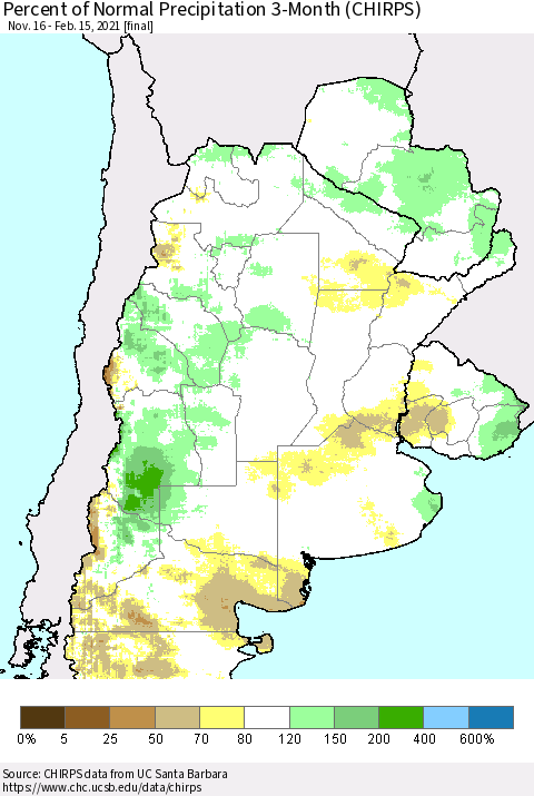 Southern South America Percent of Normal Precipitation 3-Month (CHIRPS) Thematic Map For 11/16/2020 - 2/15/2021