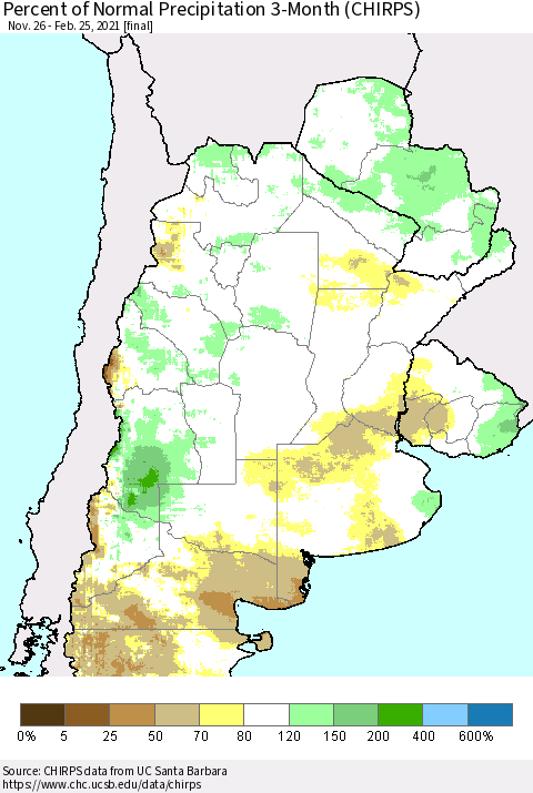 Southern South America Percent of Normal Precipitation 3-Month (CHIRPS) Thematic Map For 11/26/2020 - 2/25/2021