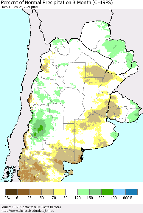 Southern South America Percent of Normal Precipitation 3-Month (CHIRPS) Thematic Map For 12/1/2020 - 2/28/2021
