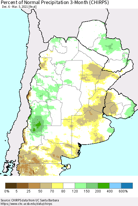 Southern South America Percent of Normal Precipitation 3-Month (CHIRPS) Thematic Map For 12/6/2020 - 3/5/2021