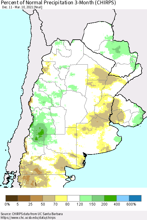 Southern South America Percent of Normal Precipitation 3-Month (CHIRPS) Thematic Map For 12/11/2020 - 3/10/2021