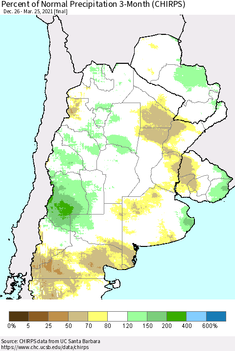 Southern South America Percent of Normal Precipitation 3-Month (CHIRPS) Thematic Map For 12/26/2020 - 3/25/2021