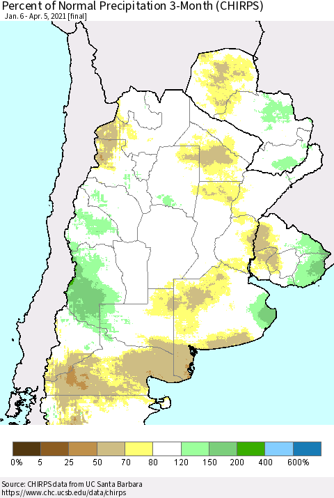 Southern South America Percent of Normal Precipitation 3-Month (CHIRPS) Thematic Map For 1/6/2021 - 4/5/2021