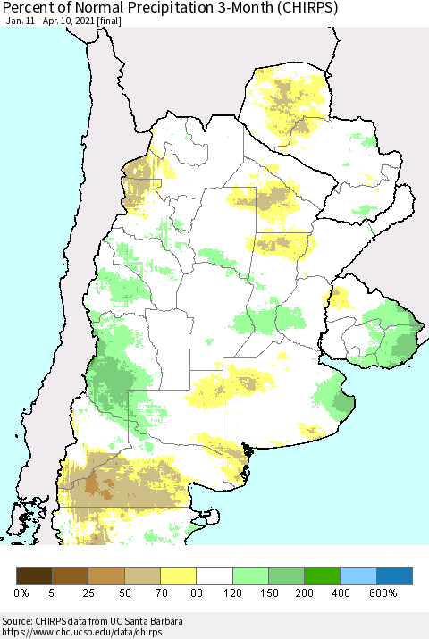 Southern South America Percent of Normal Precipitation 3-Month (CHIRPS) Thematic Map For 1/11/2021 - 4/10/2021
