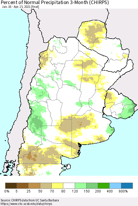 Southern South America Percent of Normal Precipitation 3-Month (CHIRPS) Thematic Map For 1/16/2021 - 4/15/2021