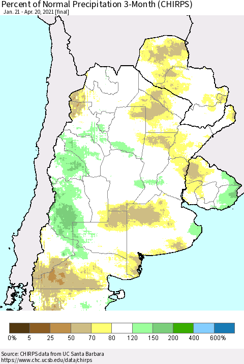Southern South America Percent of Normal Precipitation 3-Month (CHIRPS) Thematic Map For 1/21/2021 - 4/20/2021