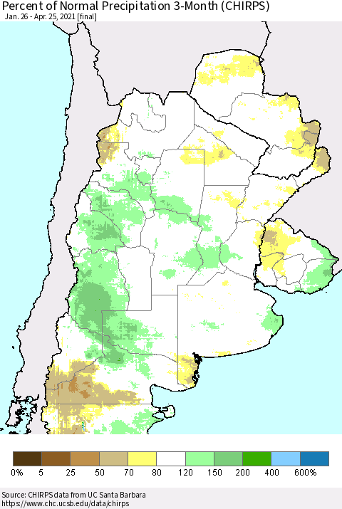 Southern South America Percent of Normal Precipitation 3-Month (CHIRPS) Thematic Map For 1/26/2021 - 4/25/2021